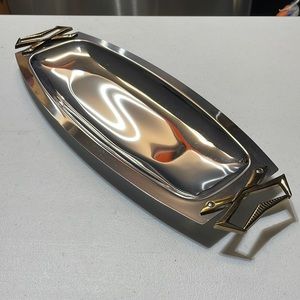 Kromex stainless extra long serving tray with gold handles